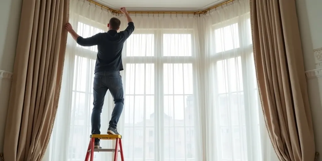 What are the steps to hang eyelet curtains on a bay window?