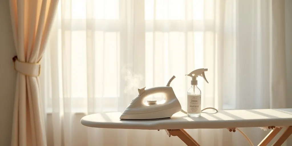 How do you prevent water stains while ironing sheer curtains?