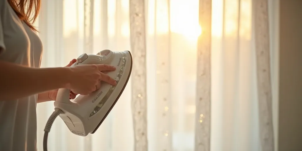 How can you protect delicate embellishments when ironing sheer curtains?