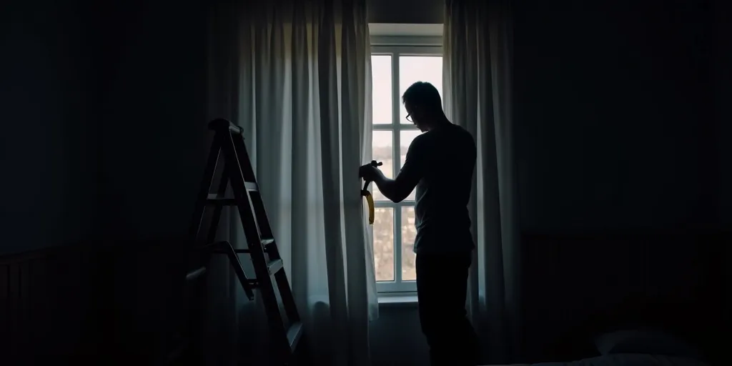 What steps are involved in hanging blackout curtains for a dark environment?