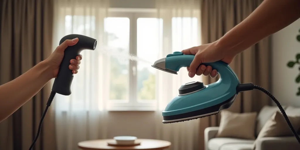 What is a method to remove creases from blackout curtains using a steamer?