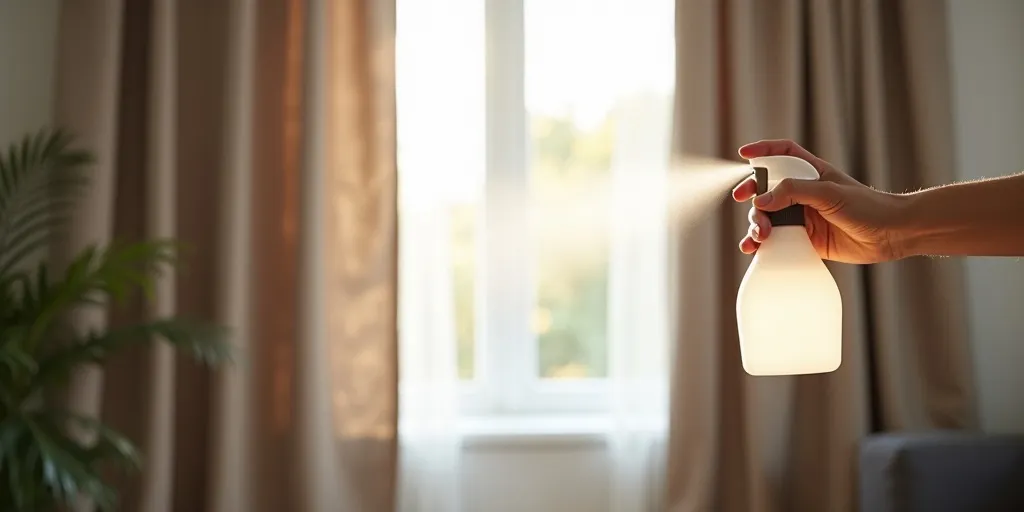 How can fabric wrinkle release spray help eliminate creases in blackout curtains?