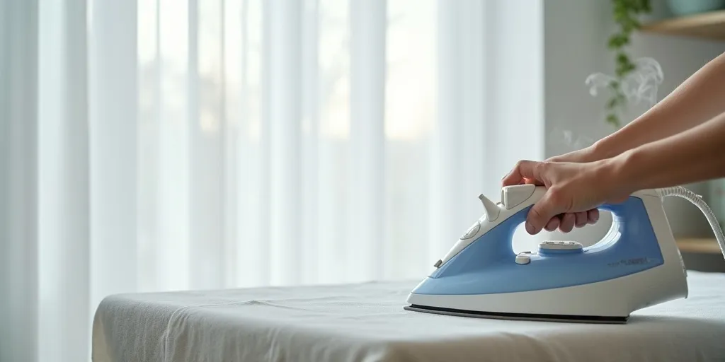What should be used to protect sheer curtains while ironing?