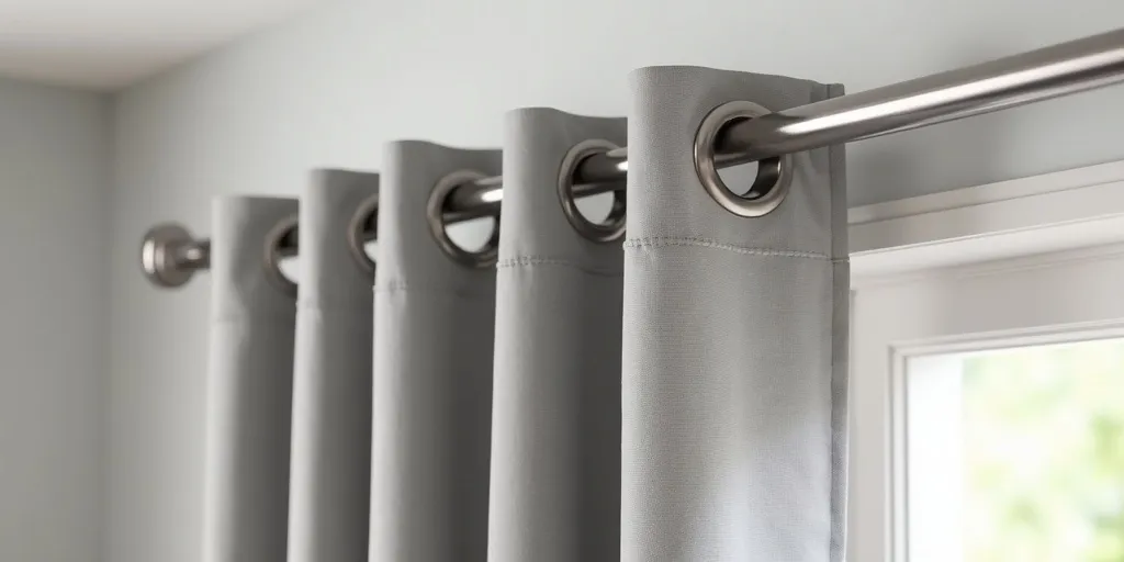 How do the metal rings in grey eyelet curtains improve functionality?