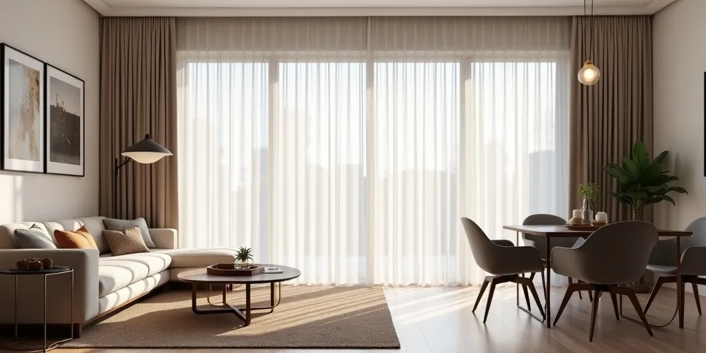 What are some ways to create a visually appealing division between living and dining rooms using curtains?