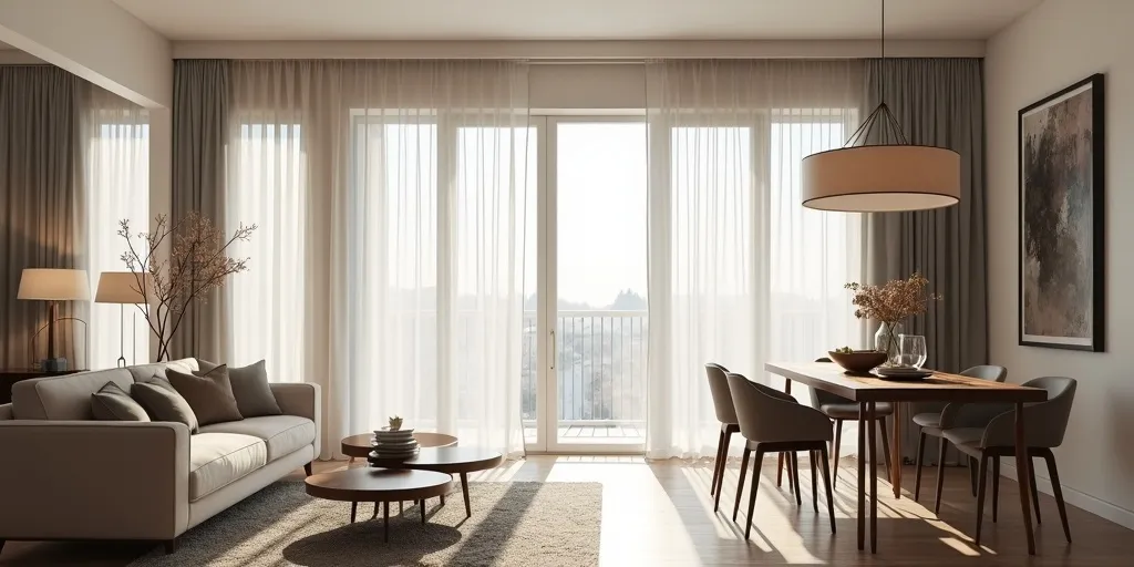 How can curtains be chosen to complement both living and dining rooms for a cohesive look?
