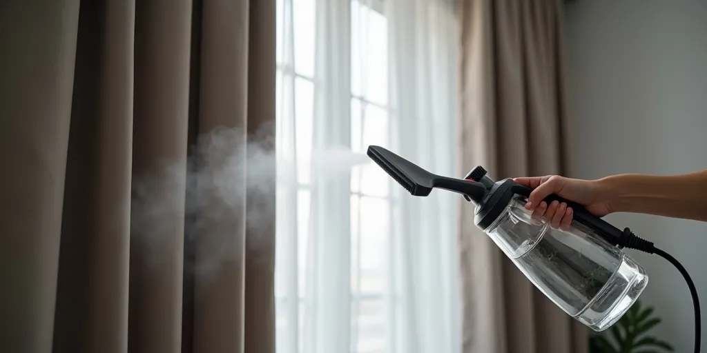 What is a method to remove wrinkles from blackout curtains using a handheld steamer?