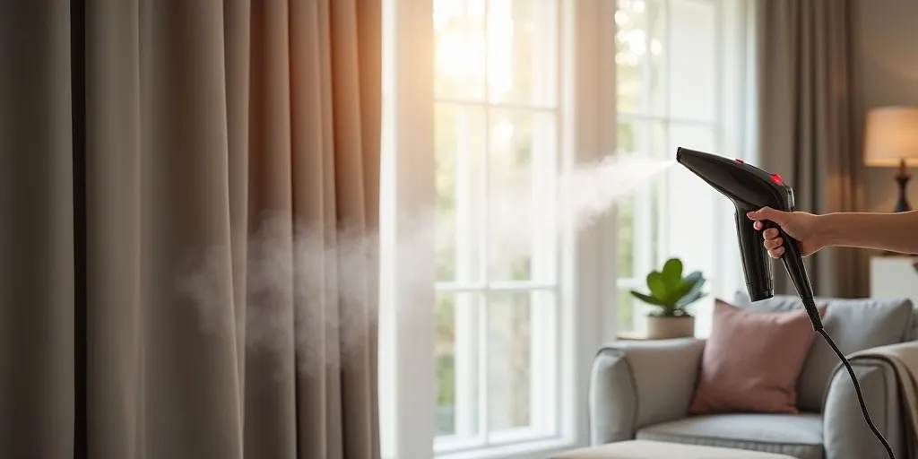 How can a fabric steamer help in quickly eliminating wrinkles from blackout curtains?