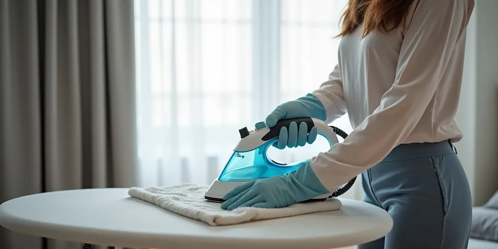 What precaution should be taken when using an iron to remove wrinkles from blackout curtains?
