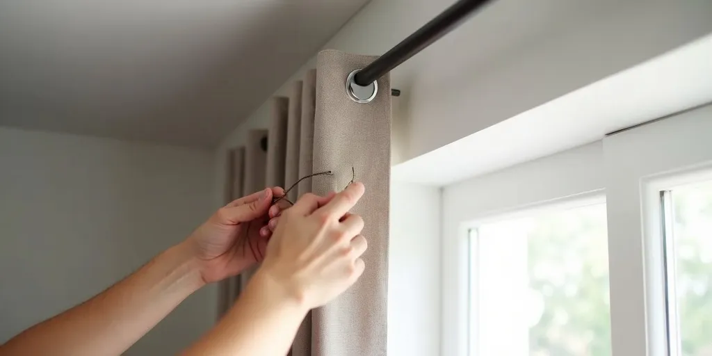 What is the first step to hanging eyelet curtains on a track?