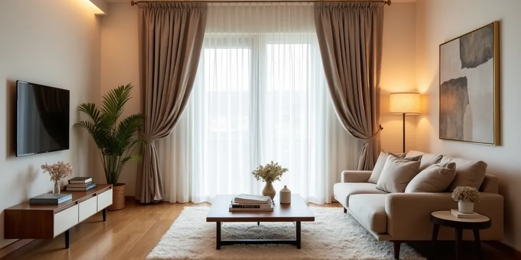 What factors should be considered when matching curtains in a living room?