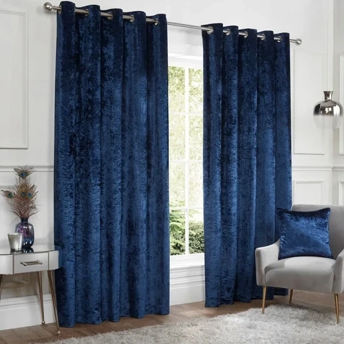 Navy Blue Crushed Velvet Eyelet Curtains