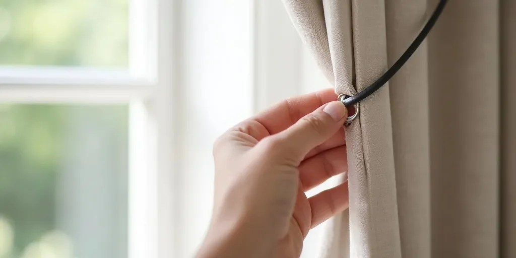 What is the first step to hanging eyelet curtains on a track rail?