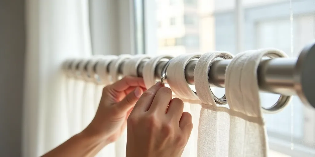 How do you thread eyelet curtains onto a track rail?