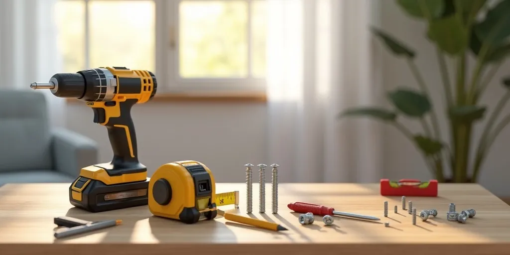 What tools are needed to hang curtain rods in a living room?