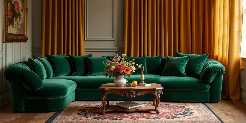 How can heavy fabrics like velvet or silk enhance a living room's elegance?
