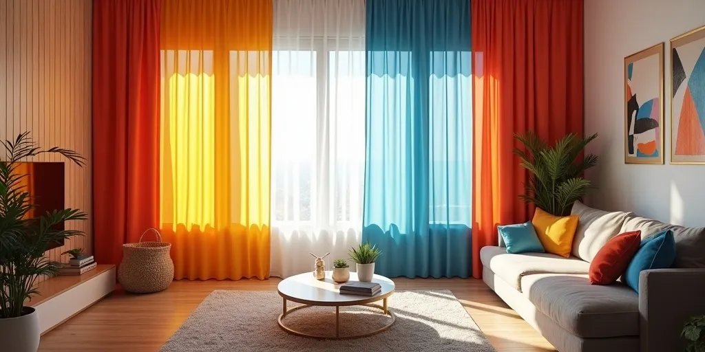What impact do vibrant colored curtains have on a living room's atmosphere?