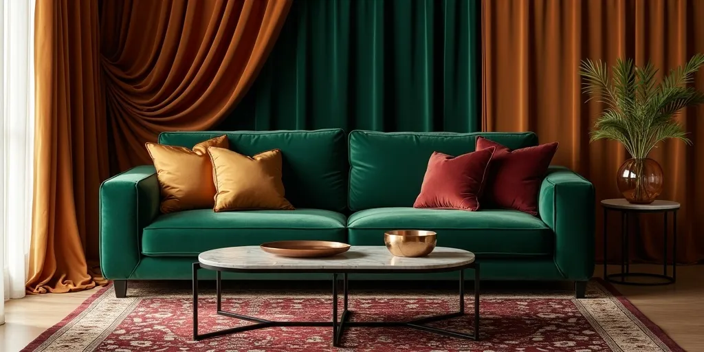 How do heavier fabrics like velvet or silk contribute to a living room's luxury?