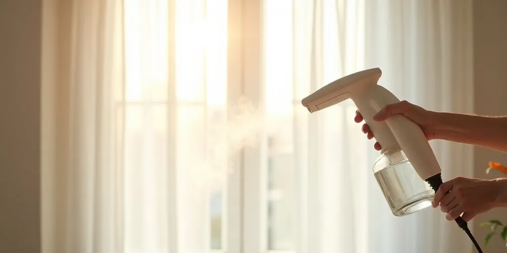 What is a method to remove wrinkles from sheer curtains using a handheld steamer?