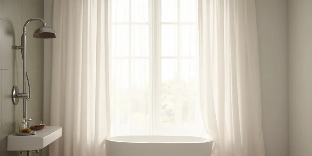 How can hanging sheer curtains in a steamy bathroom help in eliminating wrinkles?