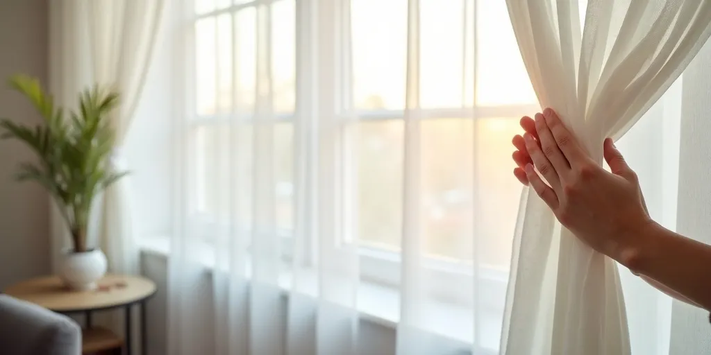 What is the final step to ensure a polished finish when hanging sheer curtains?