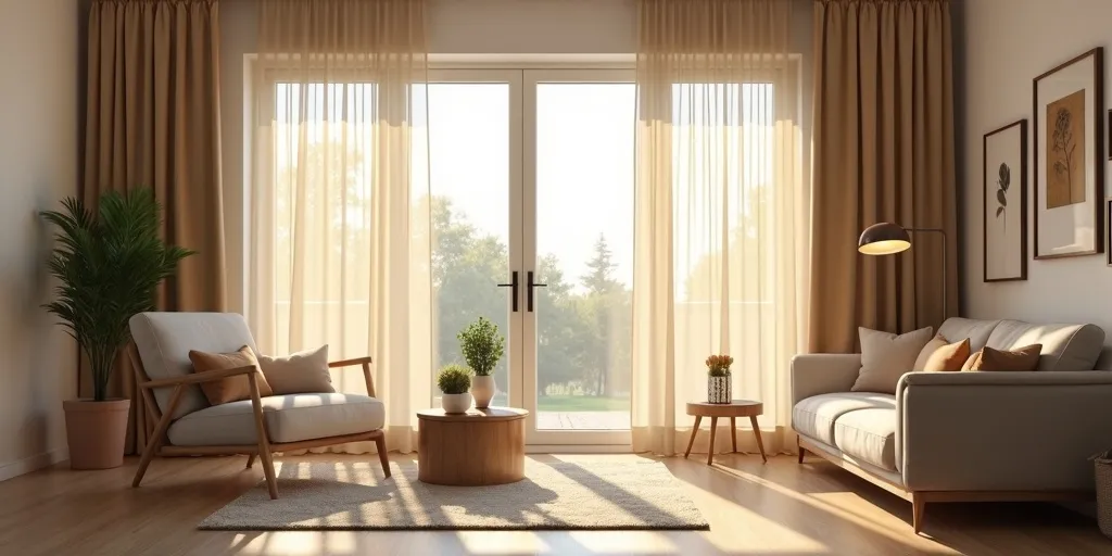 Why is it important to think about the amount of natural light in your living room when selecting curtains?