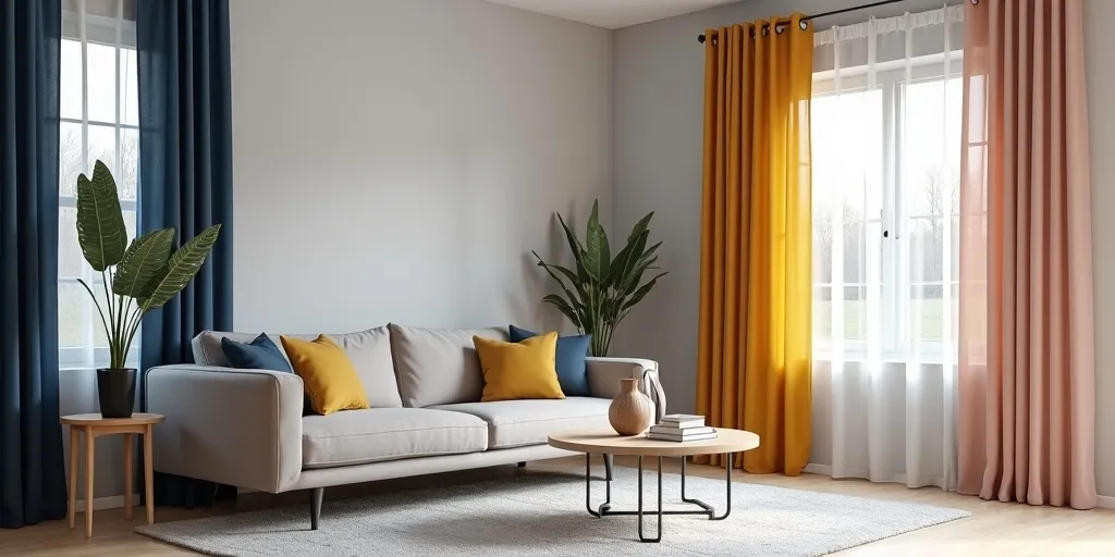 Which curtain colors complement grey walls in a living room?
