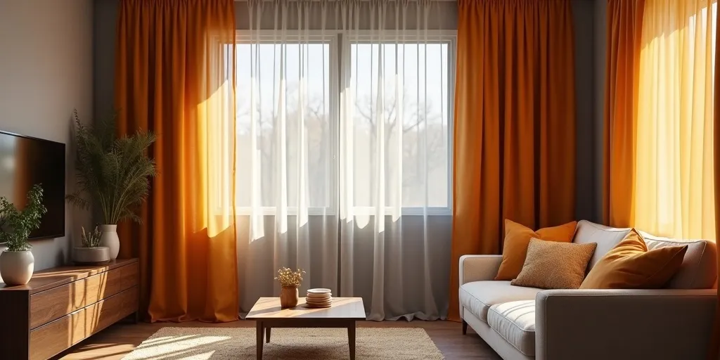 What warm-toned curtain options create a cozy atmosphere with grey walls?