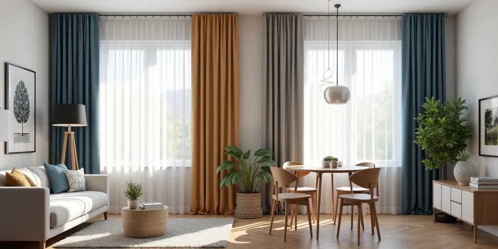 How can mixing and matching curtains in dining and living rooms add visual interest?